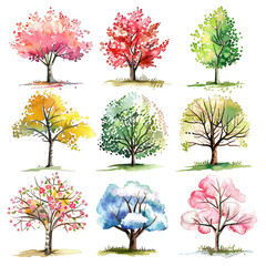 Tree watercolor green painting, set of graphics trees elements outline symbol for architecture and landscape design drawing. Vector illustration in stroke fill . illustration for architecture plans