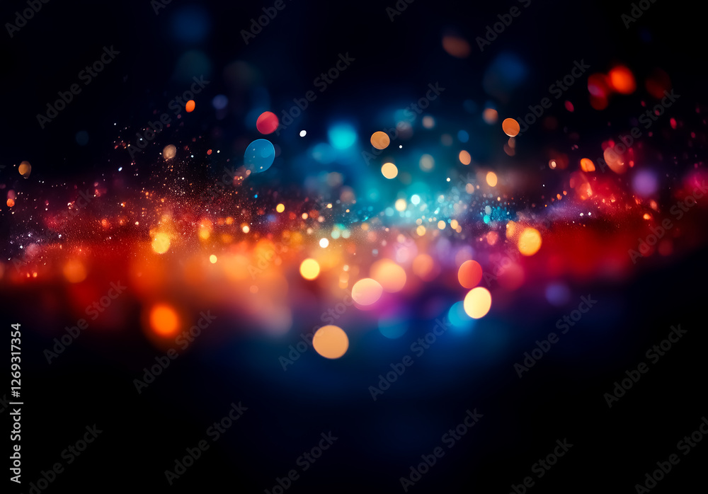 Poster abstract bokeh lights create a vibrant and dreamy atmosphere with a dark backdrop. red, blue, orange