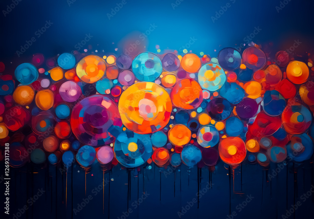 Aufkleber Vibrant abstract art featuring colorful circles with a dripping paint effect against a dark blue backdrop. The artwork is playful and visually engaging with bright hues and dynamic shapes.