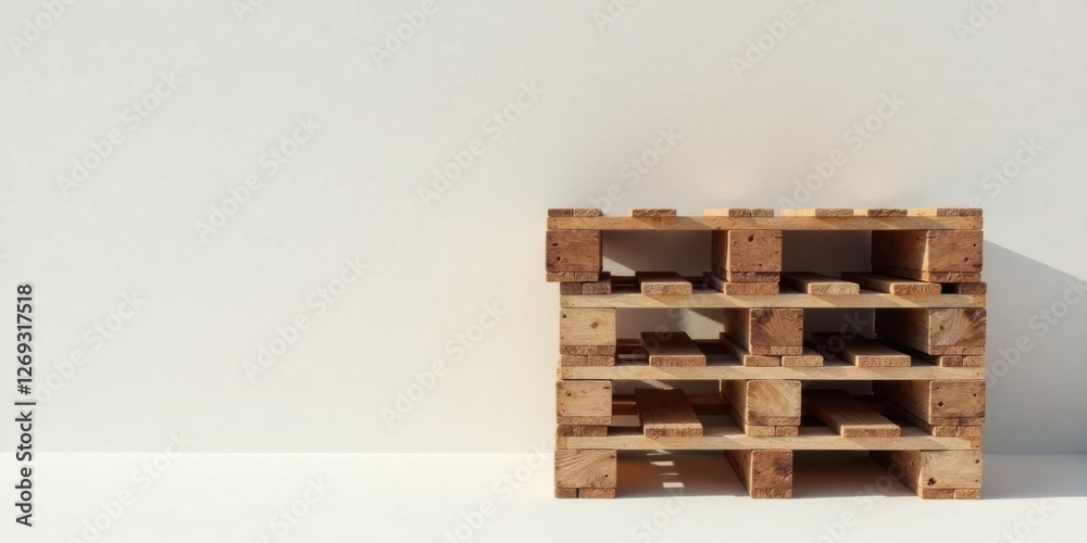 Poster A Stack of Wooden Pallets Against a Simple White Wall, Representing Minimalist Design and Rustic Aesthetics