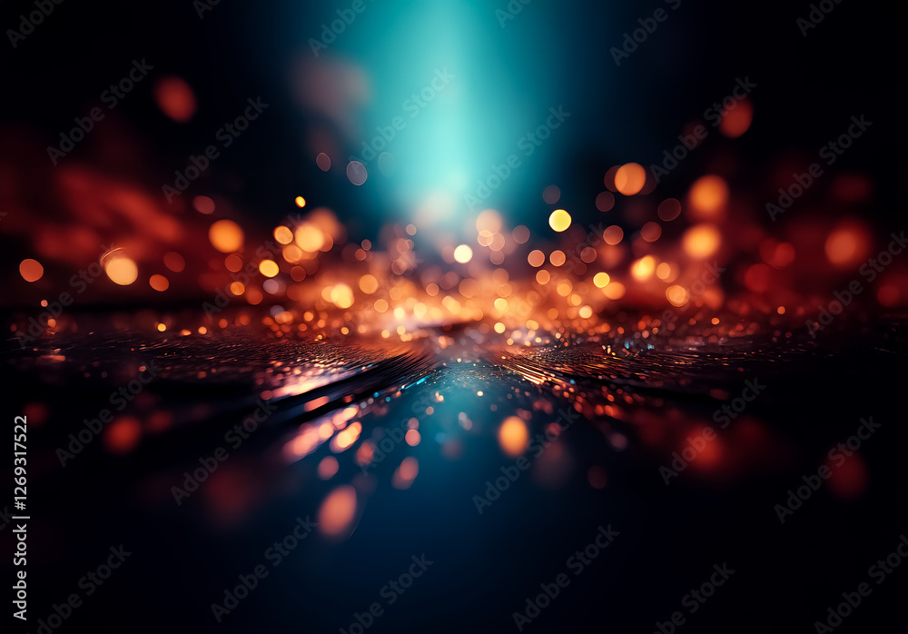 Poster Abstract image of blurred orange bokeh lights against a dark blue backdrop, with a bright turquoise light source creating dynamic and energetic visual.