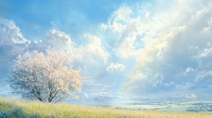Beautiful AI Generated Image | A dreamy spring morning with a clear blue sky, gentle breeze, and a light rainbow appearing after a refreshing spring shower, soft clouds, ethereal lighting | Stock Phot