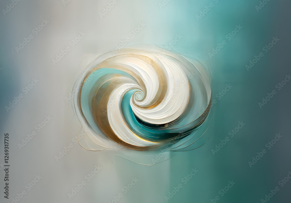 Poster abstract digital artwork featuring a central swirling spiral shape. the design blends white, beige, 