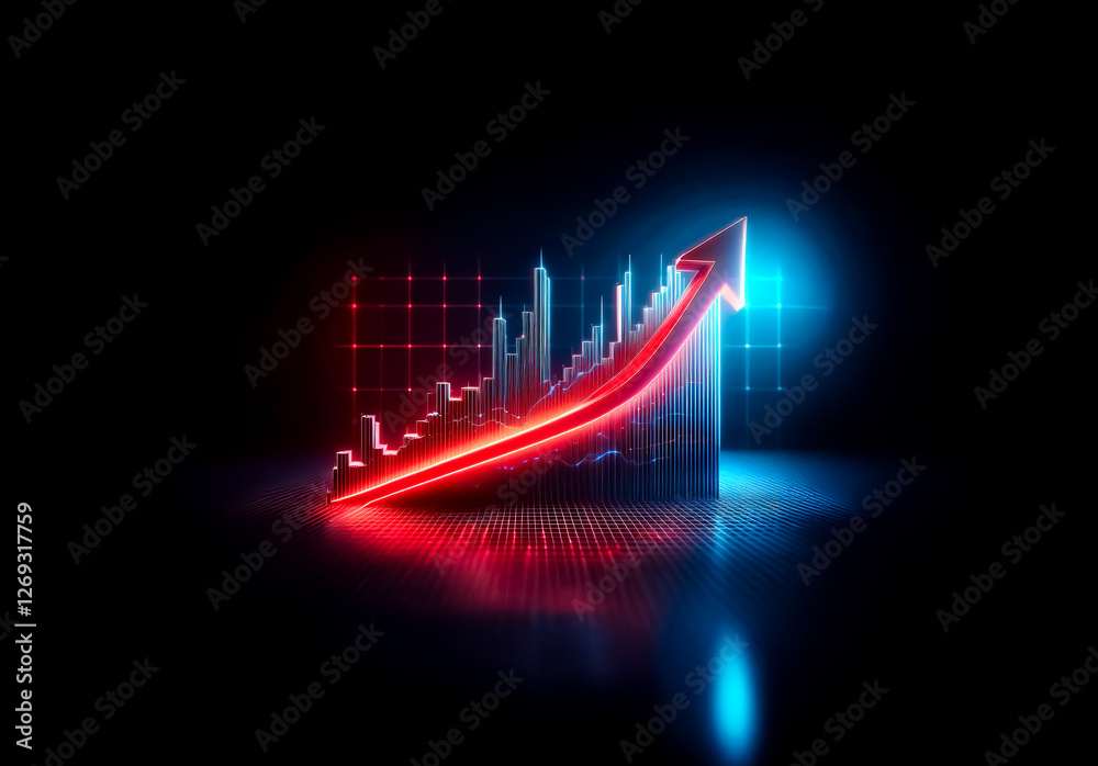 Leinwandbilder glowing red arrow ascends, indicating growth. neon lights illuminate a bar graph against a dark back