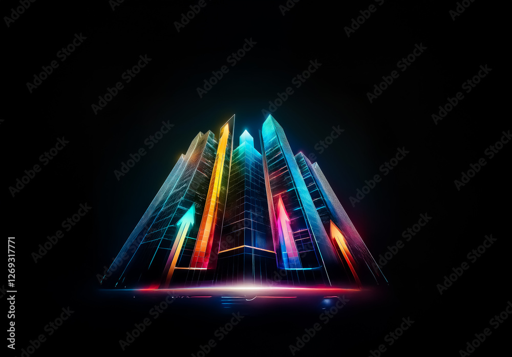 Aufkleber a futuristic cityscape of abstract buildings illuminated with vibrant neon lights against a stark bl
