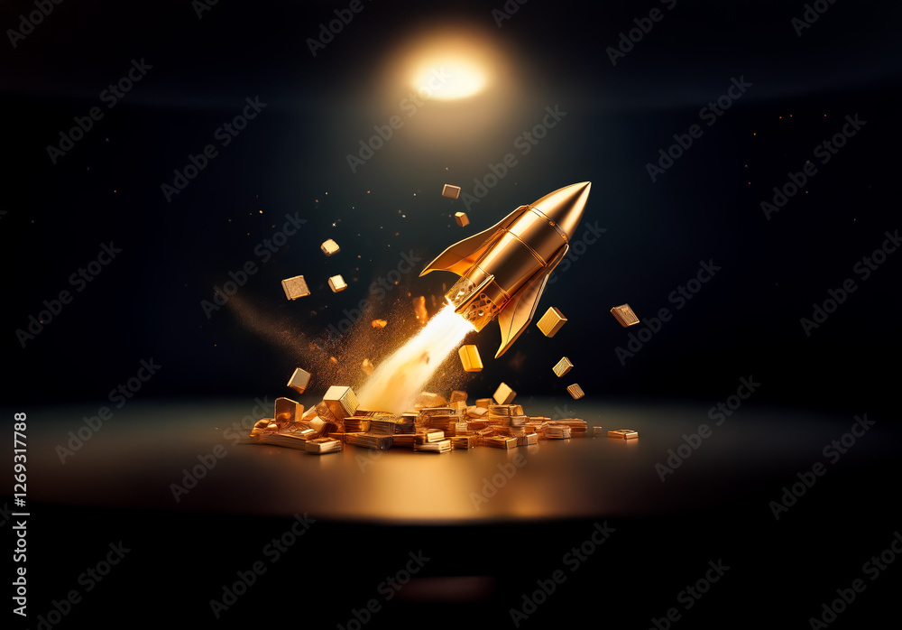 Poster golden rocket launching from a pile of gold blocks under a bright spotlight. shiny metallic object g