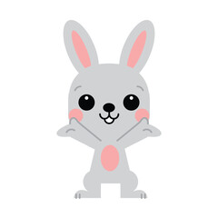 Cute gray rabbit with blushing cheeks. Its hands are open as if it is excited or greeting someone, giving a playful and welcoming expression. Vector illustration.
