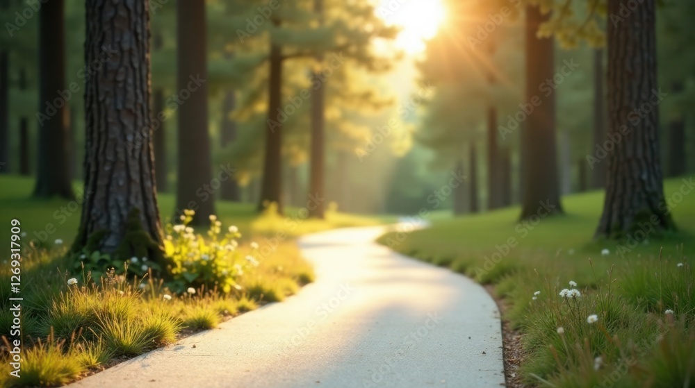 Aufkleber serene sunset stroll along a winding path through a lush green forest with gentle light and delicate