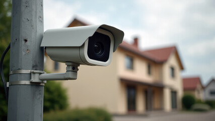 CCTV Surveillance Camera on a Pole with a House in the Scenic Background