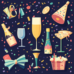 A celebratory 2D vector of New Year’s Eve decorations like champagne, confetti, and party hats.