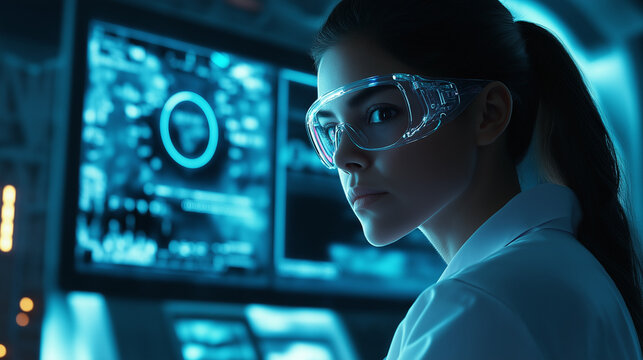 A female scientist in a high-tech laboratory, wearing a lab coat and safety glasses, futuristic digital screens displaying research data in the background, cool blue tones creating a sophisticated atm