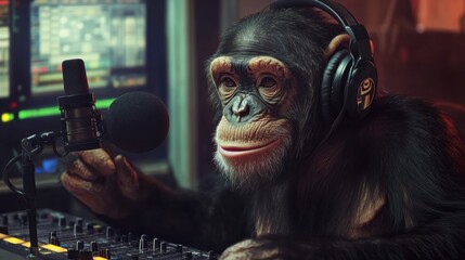 A chimpanzee wearing headphones, sitting in a radio station, speaking into a microphone like a DJ.
