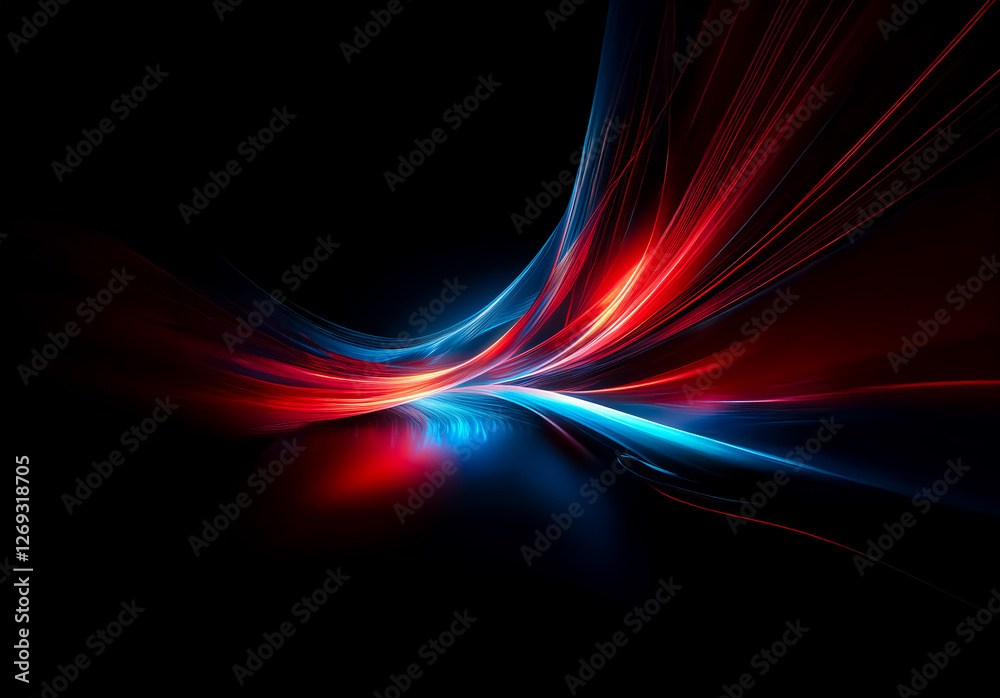 Poster Vibrant streaks of red and blue light converge and flow across a dark backdrop, creating a dynamic and futuristic abstract design with energy and movement.
