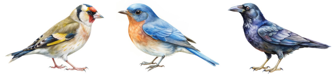 Colorful watercolor birds, detailed illustrations, nature art, wildlife representation, decorative prints, educational material.