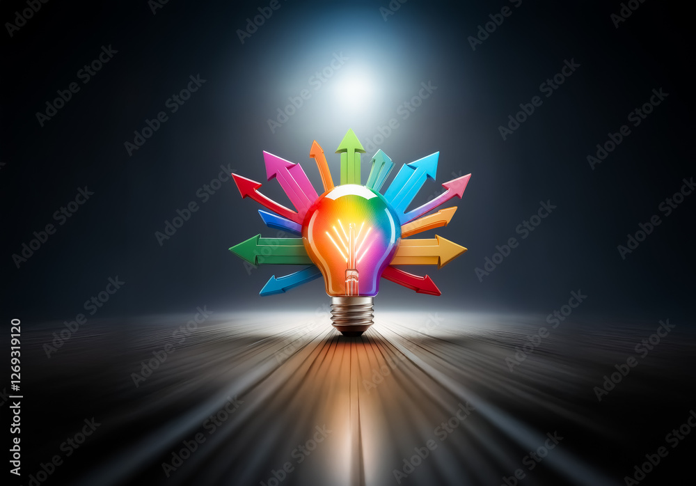 Poster a vibrant light bulb radiates with colorful arrows pointing outward, symbolizing diverse directions 