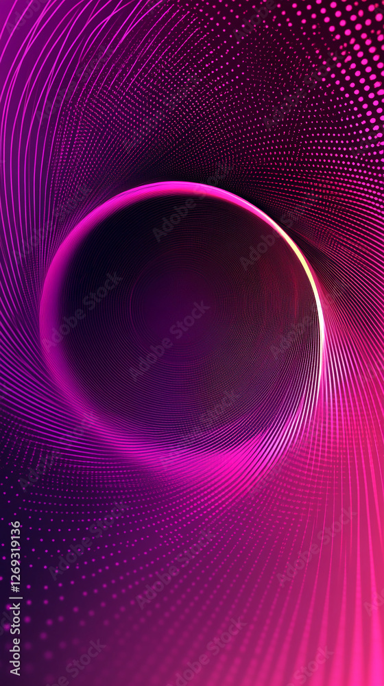 Poster A vibrant abstract digital design featuring a swirling circular pattern with glowing neon pink and purple light, symbolizing futuristic energy, technology, and dynamic motion.