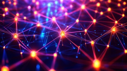 Glowing nodes and connections in a digital network, symbolizing interconnected technology and innovation.
