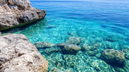 Blue Ocean Water with Rocky Shoreline Landscape Views on a Sunny Day