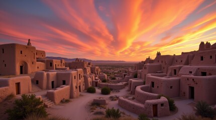 Adobe pueblos in New Mexico bathed in the warm hues of a stunning sunset, showcasing the unique architecture against a vibrant sky