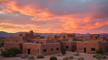 Fototapeta premium Adobe pueblos in New Mexico bathed in the warm hues of a stunning sunset, showcasing the unique architecture against a vibrant sky