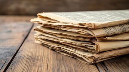 Close Up of Stacked Aged Newspapers on Rustic Wood Table Background