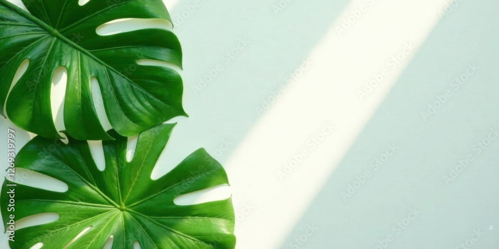 Poster serene tropical leaves arranged on a light backdrop, bathed in sunlight, creating a calming and mini