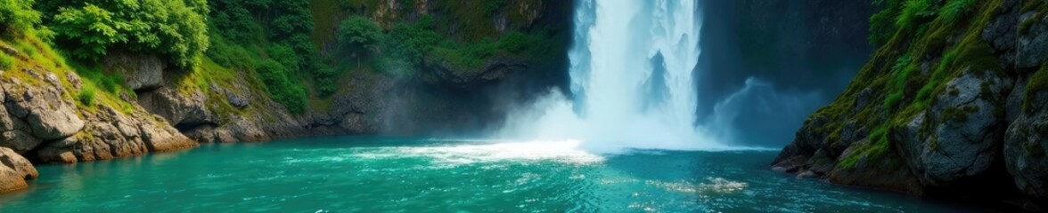 Naklejka premium Cliffside waterfall plunges into emerald pool, waterfall, ripples