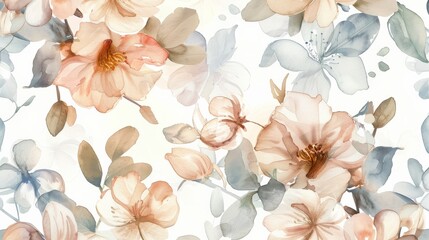 Watercolor seamless pattern featuring delicate flowers and soft pastel tones