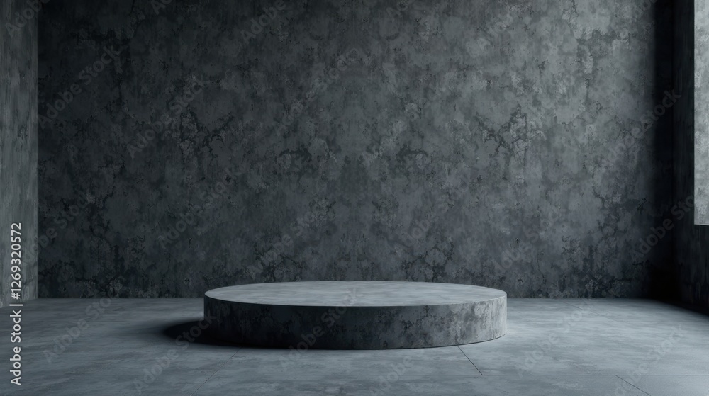 Poster A circular concrete pedestal sits in a minimalist, dimly lit room with textured walls and a subtle light source