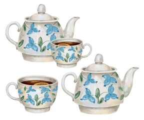 Teapot, cup of tea with lemon composition set on white. Watercolor illustration for packaging, kitchen textiles, napkins, labels, holiday Maslenitsa, Russian tradition