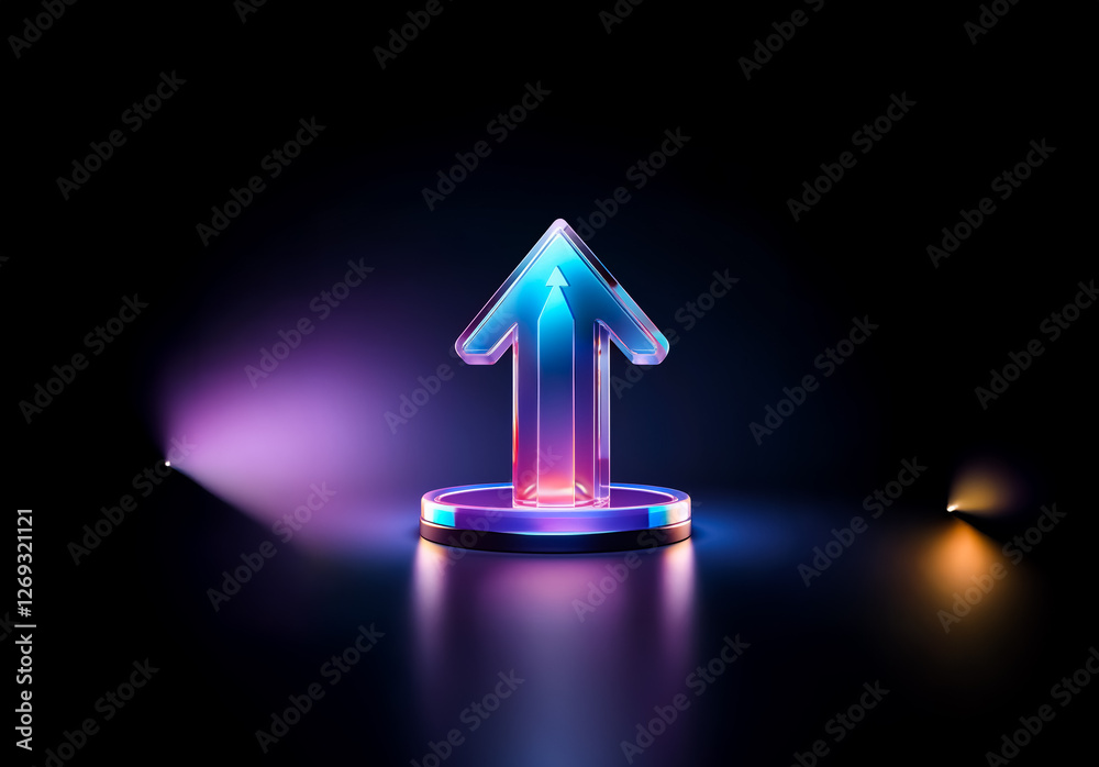 Poster a luminous glass arrow pointing upwards glows with vibrant blue and pink light, standing on a reflec
