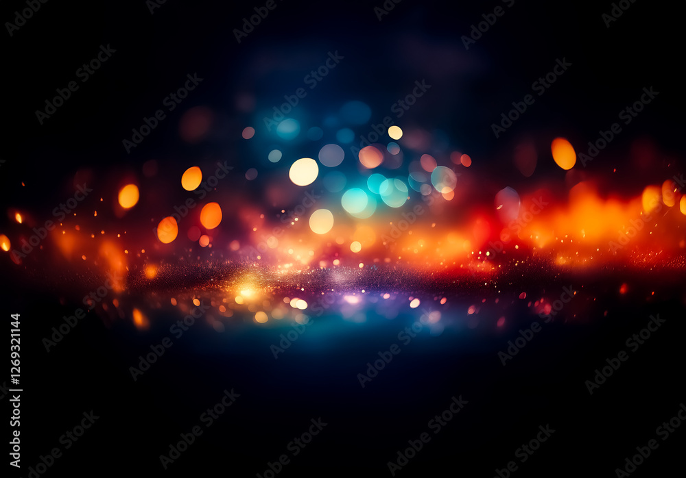 Leinwandbilder abstract image features a dark backdrop with vibrant, blurred bokeh lights in orange, blue, and whit