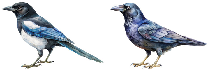 Detailed watercolor illustration of birds, vibrant colors, nature art, wildlife representation, educational purposes.