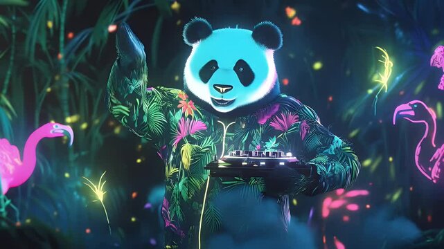 A neon-lit DJ panda performs in a vibrant jungle, mixing beats with tropical vibes. Futuristic, glowing lights, and exotic flamingos create a surreal party atmosphere.