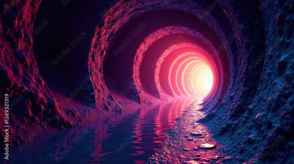 Poster a surreal subterranean passageway with vibrant pink and blue lighting, featuring a flowing stream re