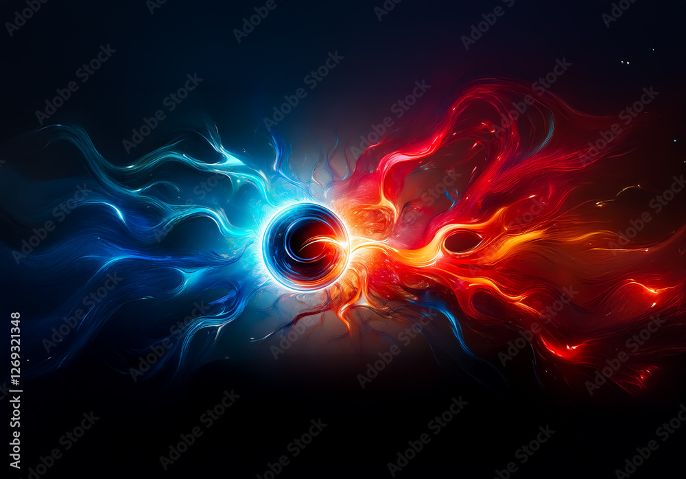 Aufkleber An abstract image of a vibrant sphere emitting dynamic waves of blue and red energy against a dark backdrop, creating a visual contrast of hot and cold elements.