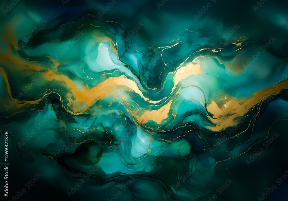 Poster abstract fluid art with swirling emerald, teal, and gold colors. the texture resembles flowing liqui