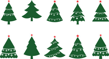 Christmas trees with decorations icon set, Christmas and New Year concept, spruce trees with star and garland sign, Christmas ball icon and gift icon with vector file