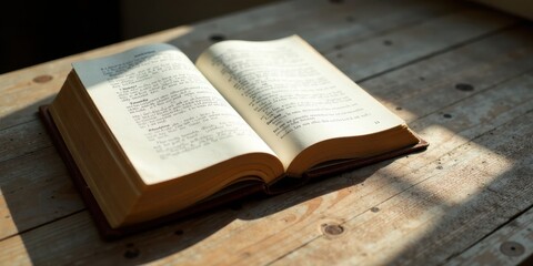 Obraz premium Open Book on Wooden Surface Illuminated by Sunlight A Study in Textured Light and Shadow