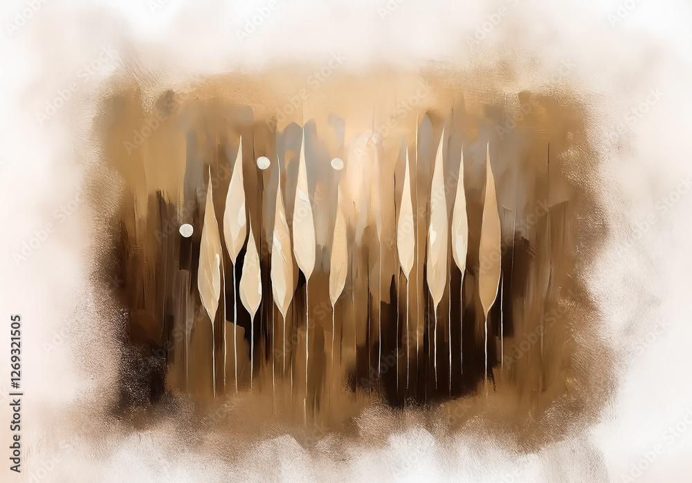 Aufkleber abstract artwork features vertical beige elements reminiscent of feathers or leaves, set against a s
