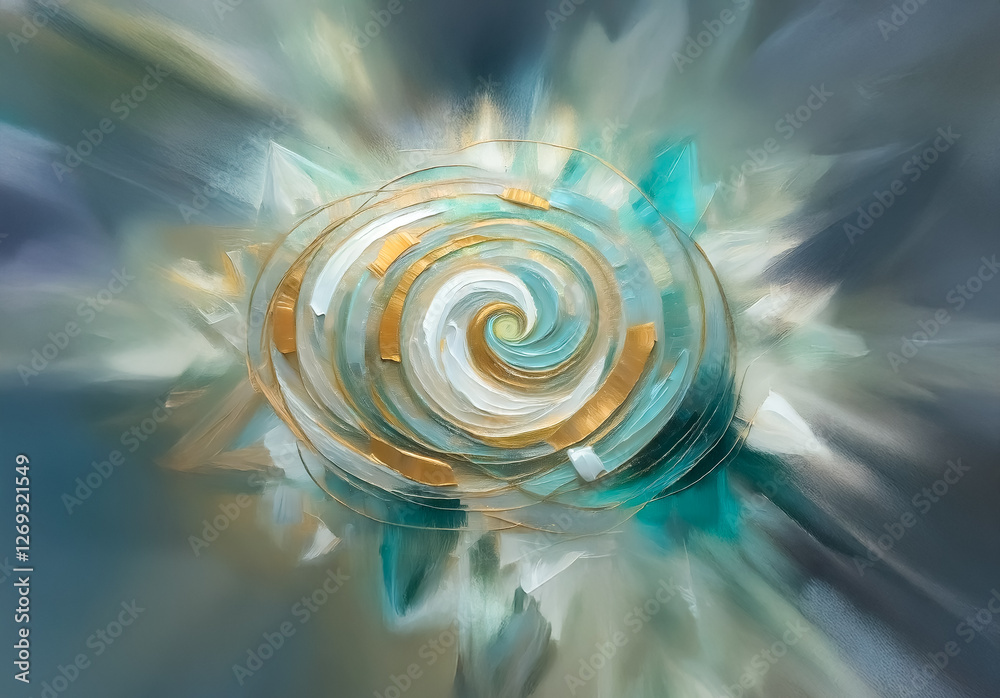 Poster abstract spiral artwork with swirling brushstrokes in teal, white, and gold hues. a radiating light 