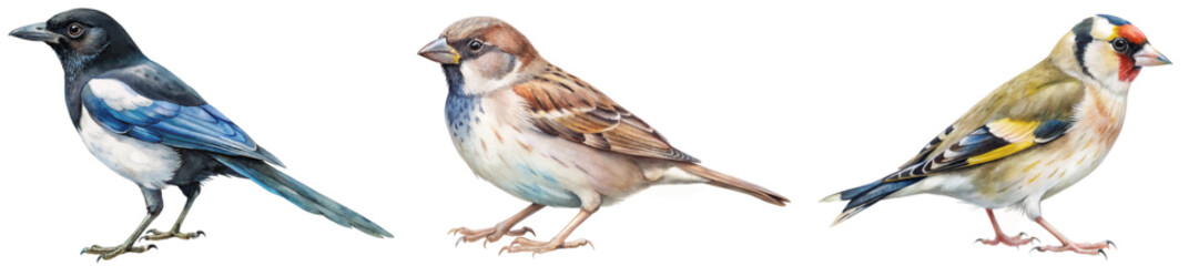 Detailed bird illustrations, vibrant colors, realistic style, nature artwork, educational purpose, avian species representation.