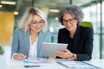 Fototapeta premium Business professionals collaborating, reviewing tablet in a modern office. Diverse and focused