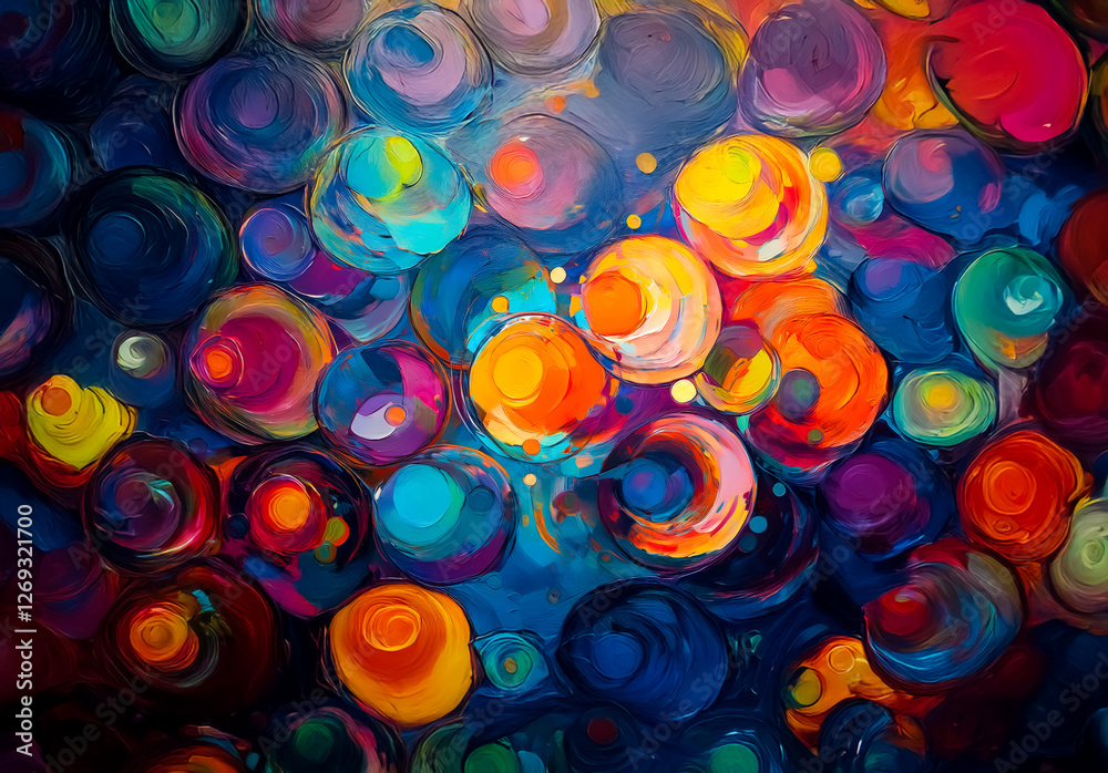 Aufkleber Abstract art featuring a dynamic composition of colorful circles. Bold brushstrokes and vibrant hues create a visually stimulating and playful design.