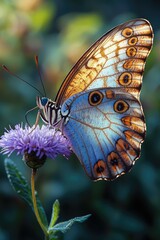Blue Morpho Butterfly on Purple Flower in Nature