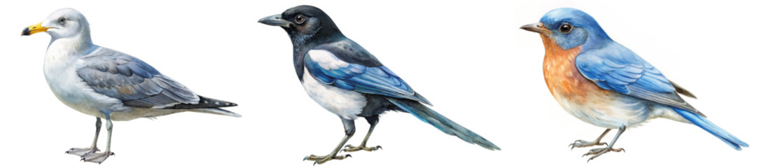 Detailed bird illustrations, vibrant colors, realistic style, educational purpose, nature art, wildlife representation.