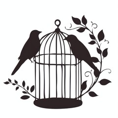 Elegant Birdcage Silhouette with Two Birds and Floral Design Black and White Illustration