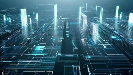 futuristic grid of interconnected microchips and circuit boards, resembling a digital cityscape, with data streams flowing between the connections. Concept of artificial intelligence, data networks - Powered by Adobe