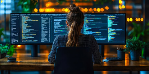 Woman Writing Code in Modern Workspace on Dual Monitors at Night for Efficient Software Development and Seamless Workflow
