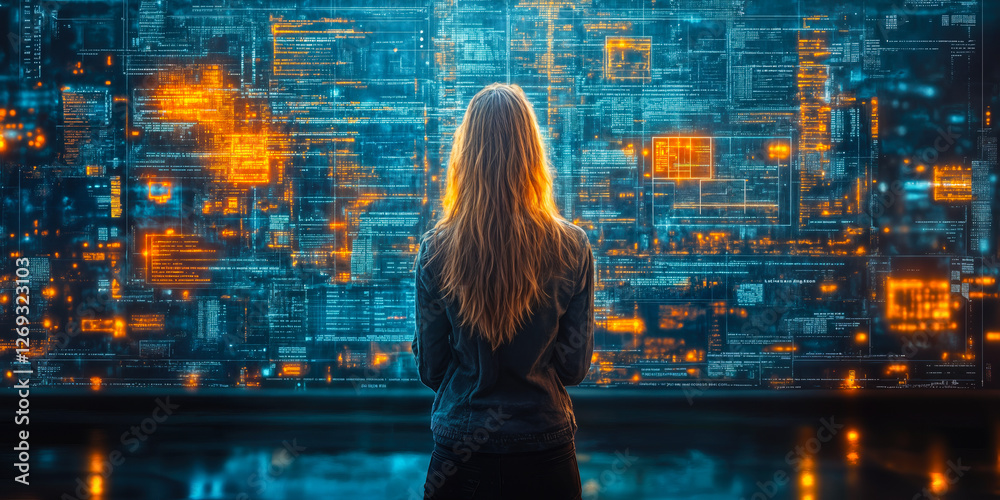 Poster back view of woman analyzing digital interface with data visualization for contextual information re